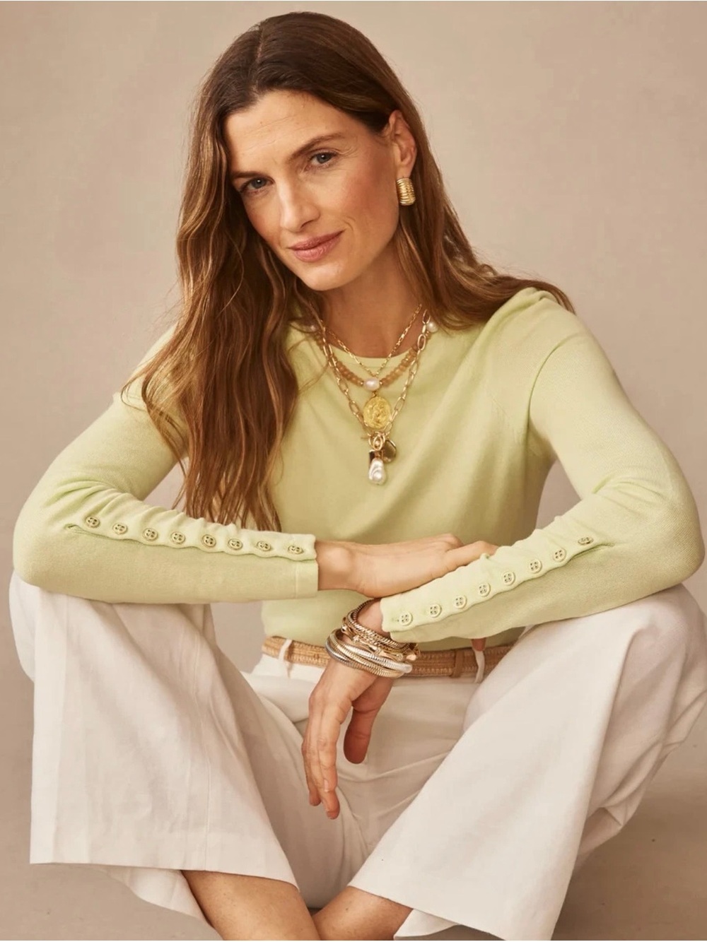 J.McLaughlin Jamey Sweater S Pale Green Button Cuff Quiet Luxury Preppy NWOT